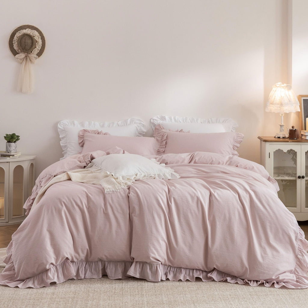 Duvet Cover Set Washed Cotton Embroidered Hem King 3‑Pcs