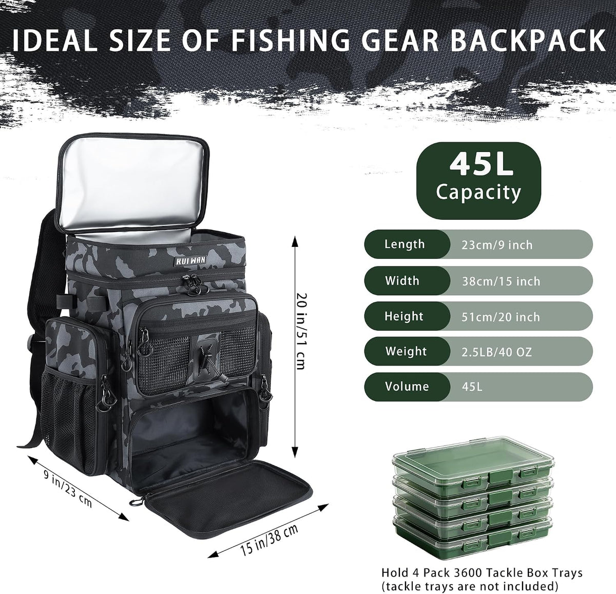 Fishing Backpack with Cooler & 4 Rod Holder, Large 45L Tackle Bag Store Fishing Gear Boxes Gifts for Men Woman-Camo Back Pack
