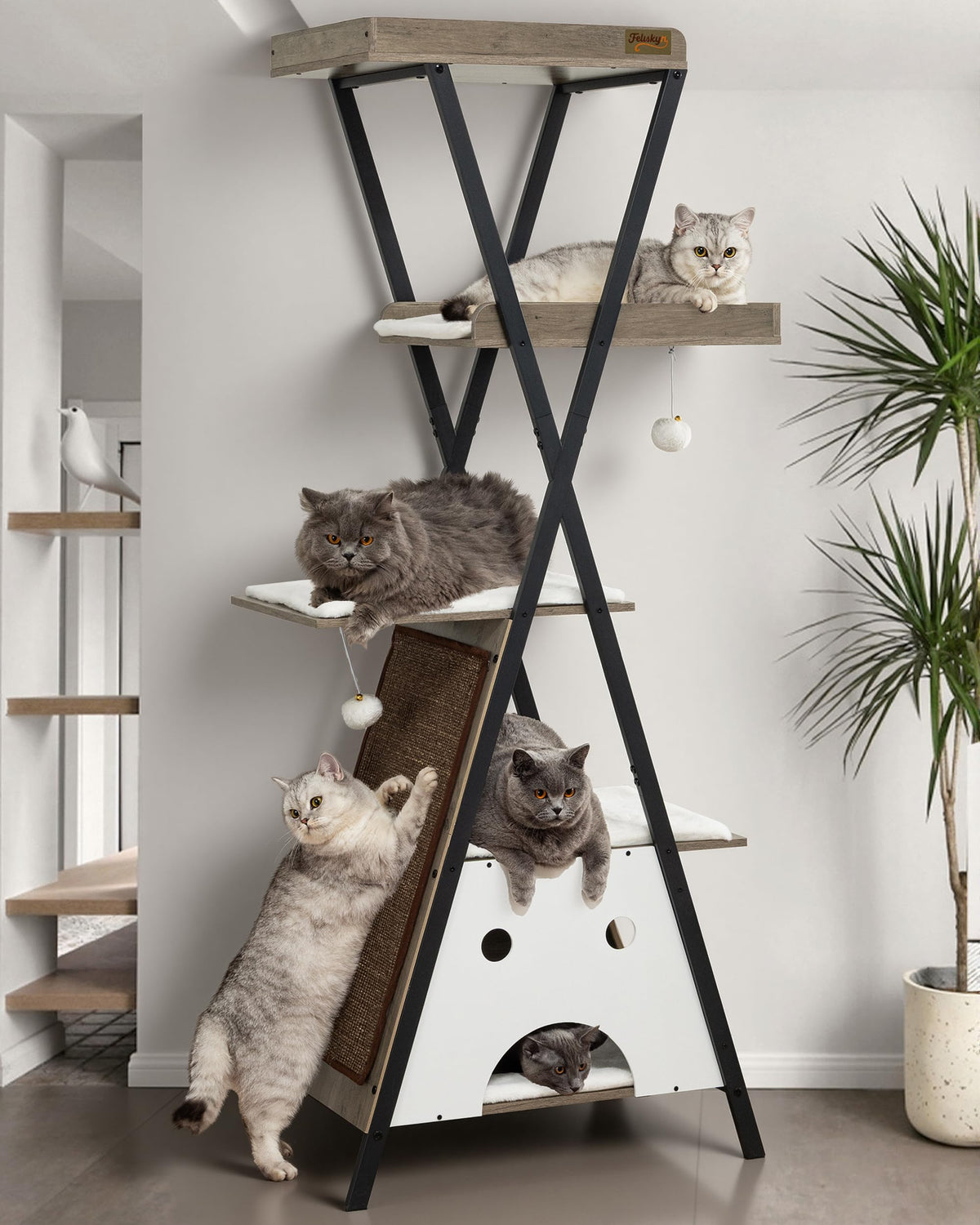 Modern Wood Cat Tree Tower for Indoor Cats Large Adult 67-in Tall
