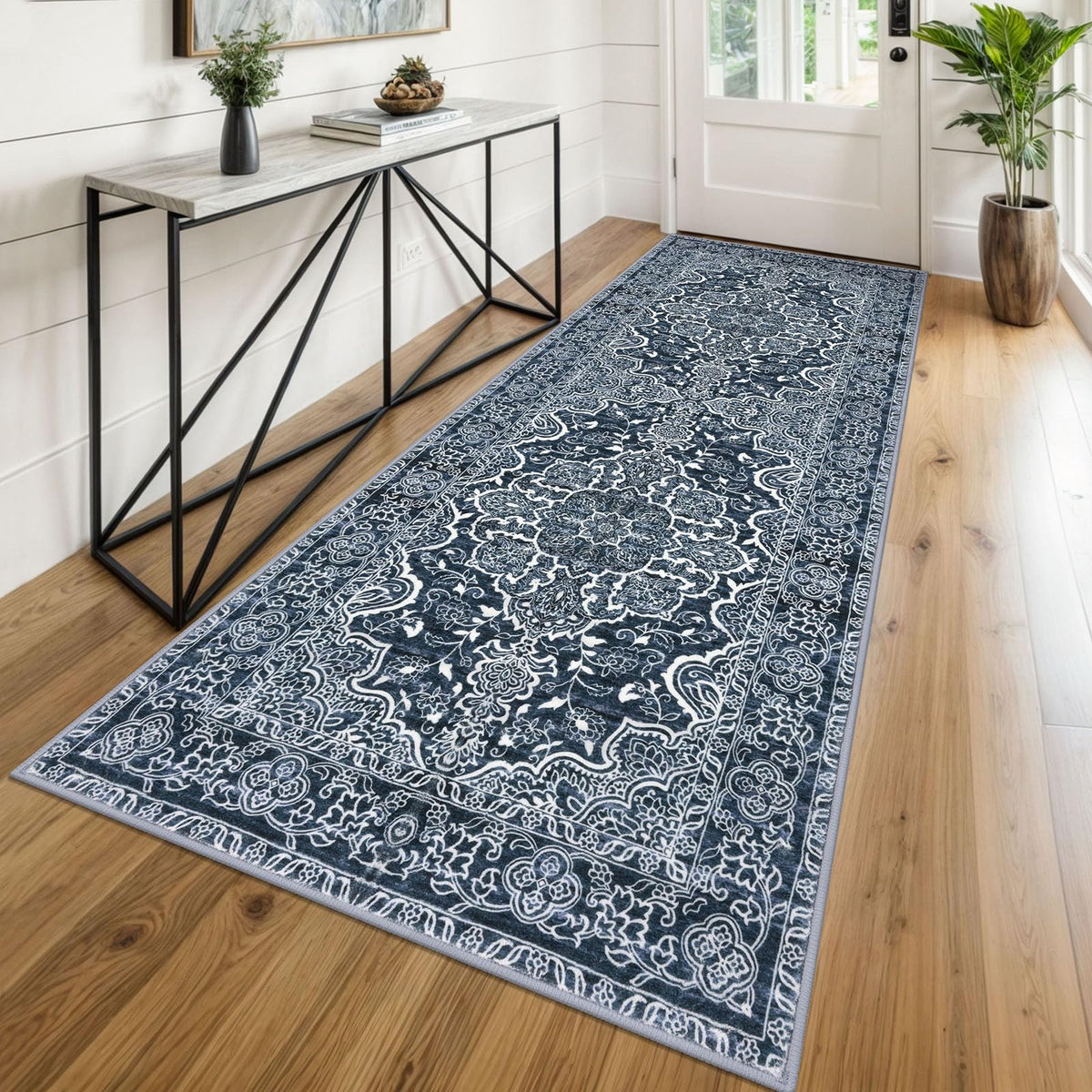 KUTA Vintage Extra Long Runners for Hallways 2.6x18ft Washable Blue White