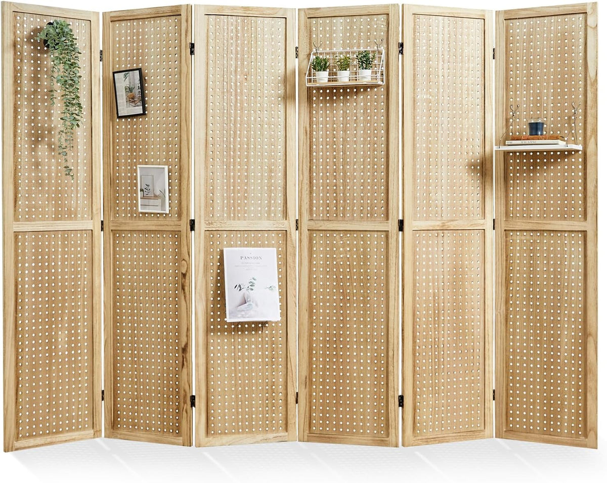 Pegboard Display, 5.6Ft Portable Freestanding Wall Organizer Wooden Room Divider Folding Privacy Screens for Craft Art Display Board (6 Panels, Natural)