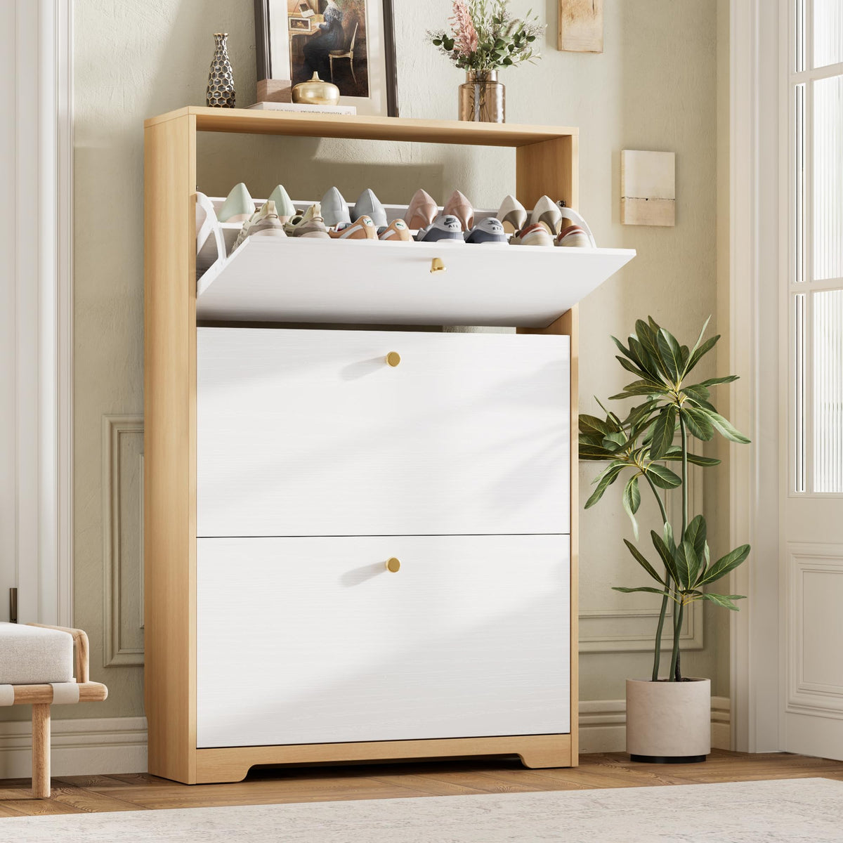 Nicetree Shoe Cabinet with 3 Flip Drawers, Narrow Shoe Organizer Cabinet, Freestanding Shoe Rack Cabinet, Modern Shoe Storage Cabinet for Entryway, Hallway, Foyer, White