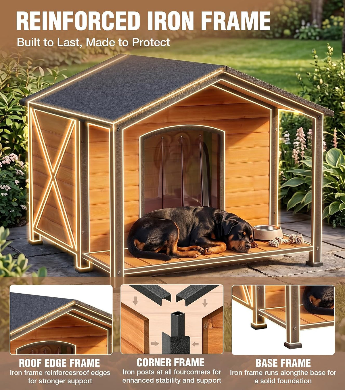 Extra Large Dog House Outdoor with Full Iron Frame and Covered Porch