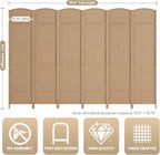 6 Panel Folding Room Divider,Woven Privacy Screen,Light Beige