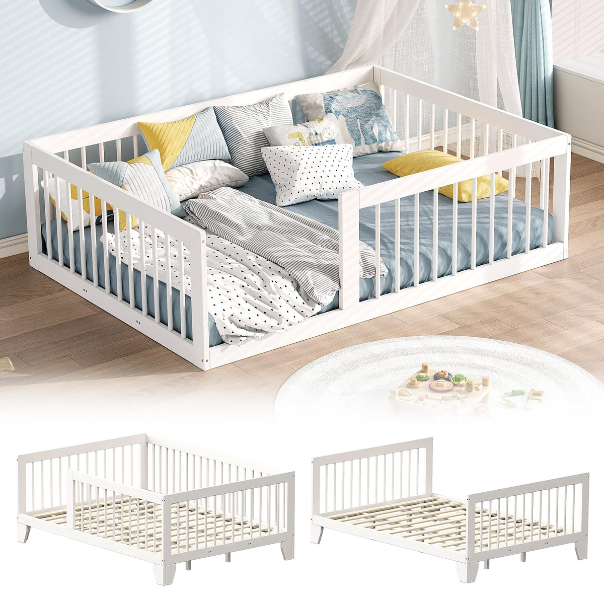 EXPERLAM Full Montessori Floor Bed for Kids, Removable Rails, White