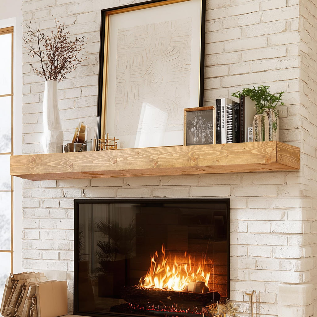 60x8x3in Rustic Fireplace Mantel Pine Wood, Weathered Brown