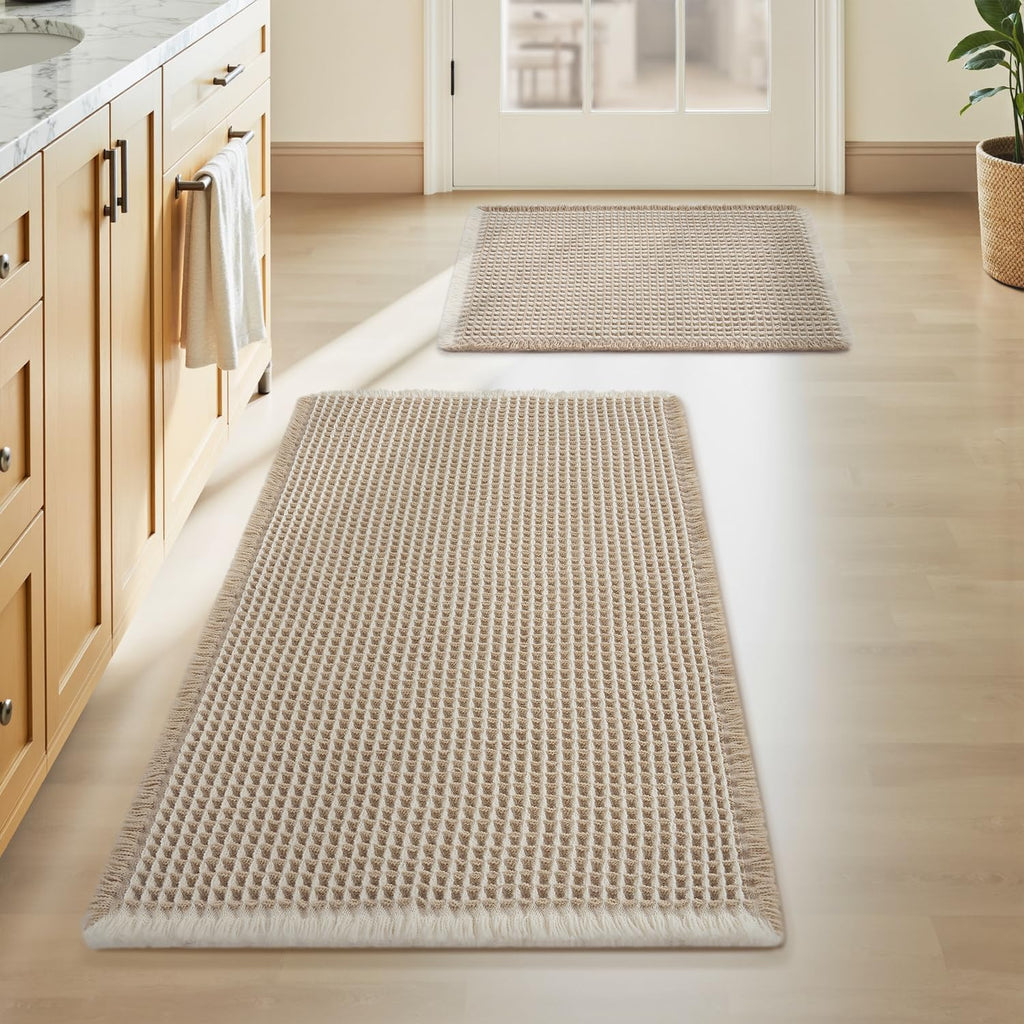 Upgraded Waffle Bath Mat Set of 2 Absorbent Bathroom Mat 18"x30" + 24"x48"