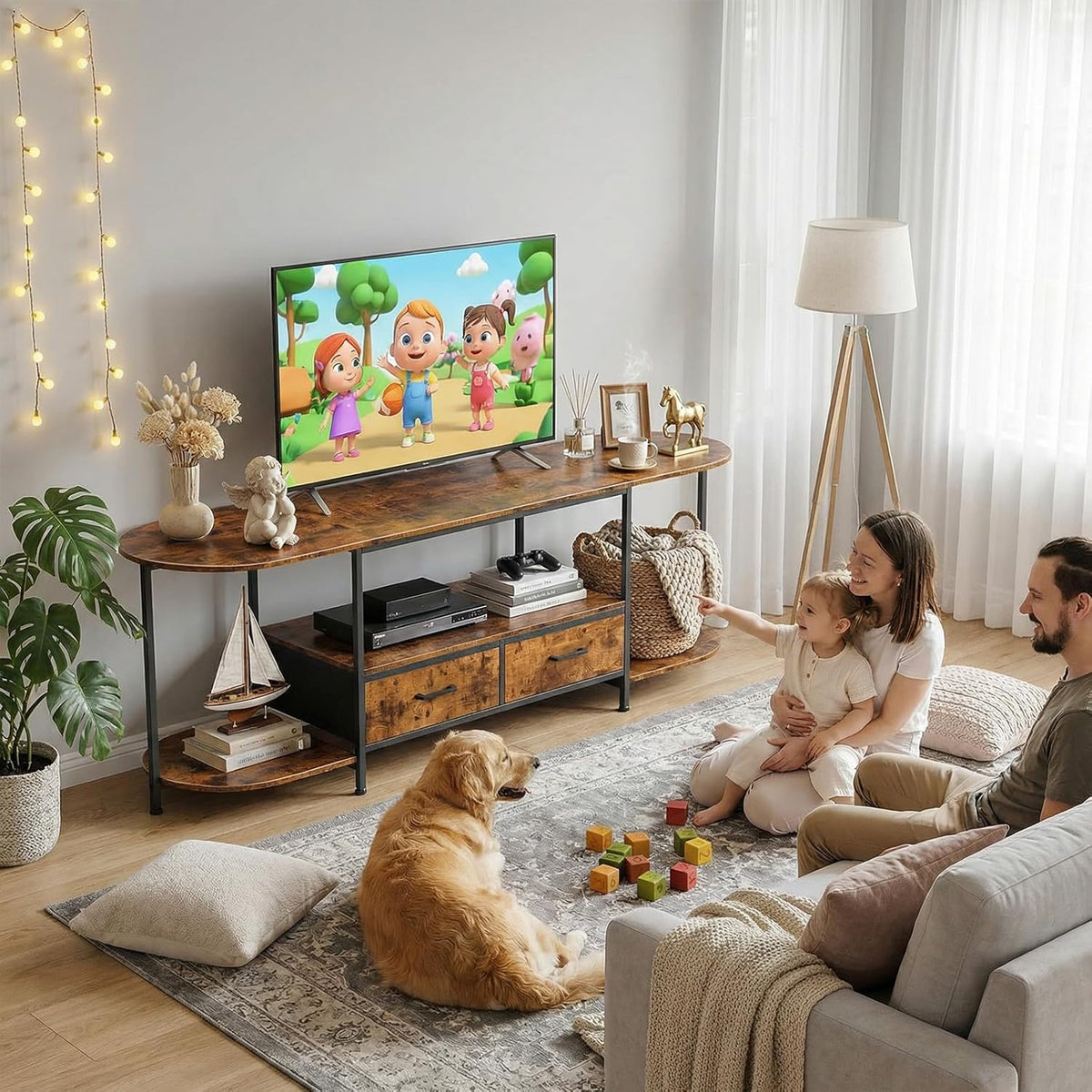 Faesun 63" TV Stand for TVs up to 75 Inches, Curved Edge Media Console & Entertainment Center with 2 Fabric Drawers, Modern TV Console Table for Living Room or Bedroom, Rustic Brown