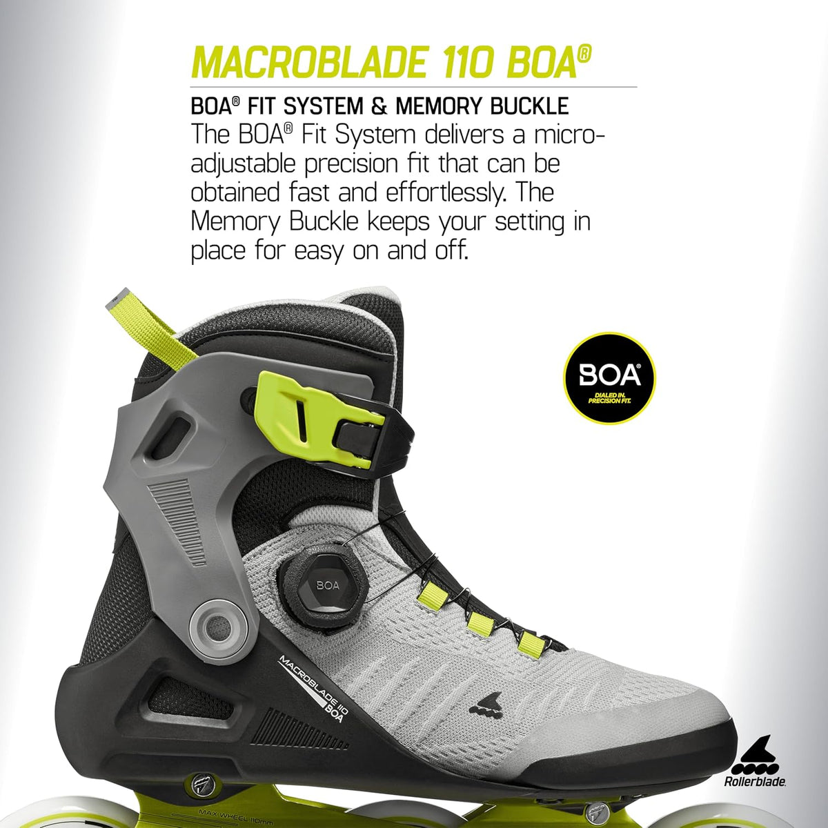 Rollerblade Macroblade 110 BOA® Unisex Adult Fitness Inline Skate, Black/Grey/Lime, Performance Inline Skates