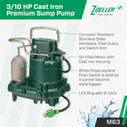 Zoeller M63 - Automatic Submersible Sump Pump - 3/10HP - Cast Iron -115V