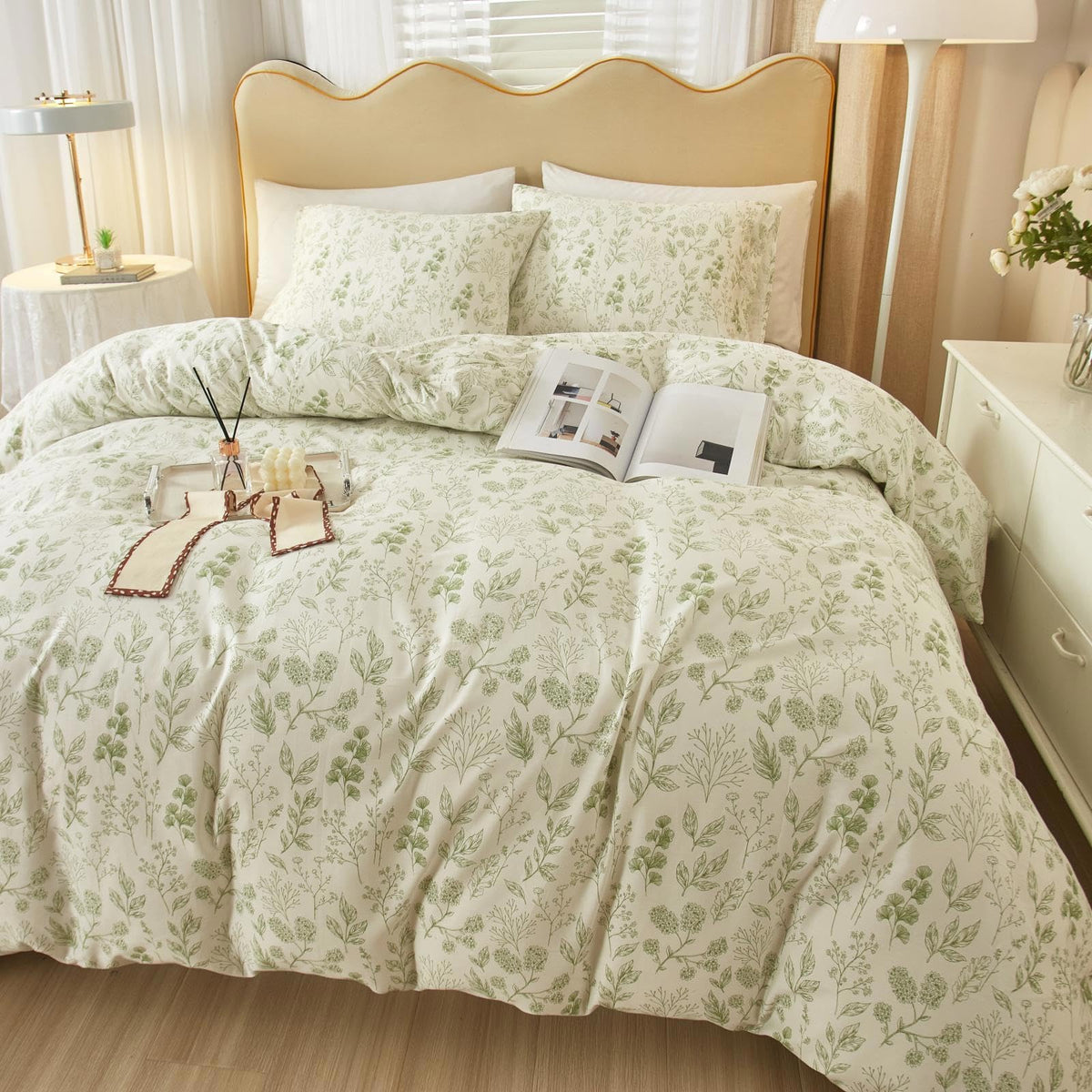 LifeTB Green Floral 100% Jersey Knit Cotton Duvet Cover Queen Vintage Style Botanical Floral Bedding Set Chic Shabby Green Floral Comforter Cover Girl Women Flower Bedding Cover with 2 Pillowcases