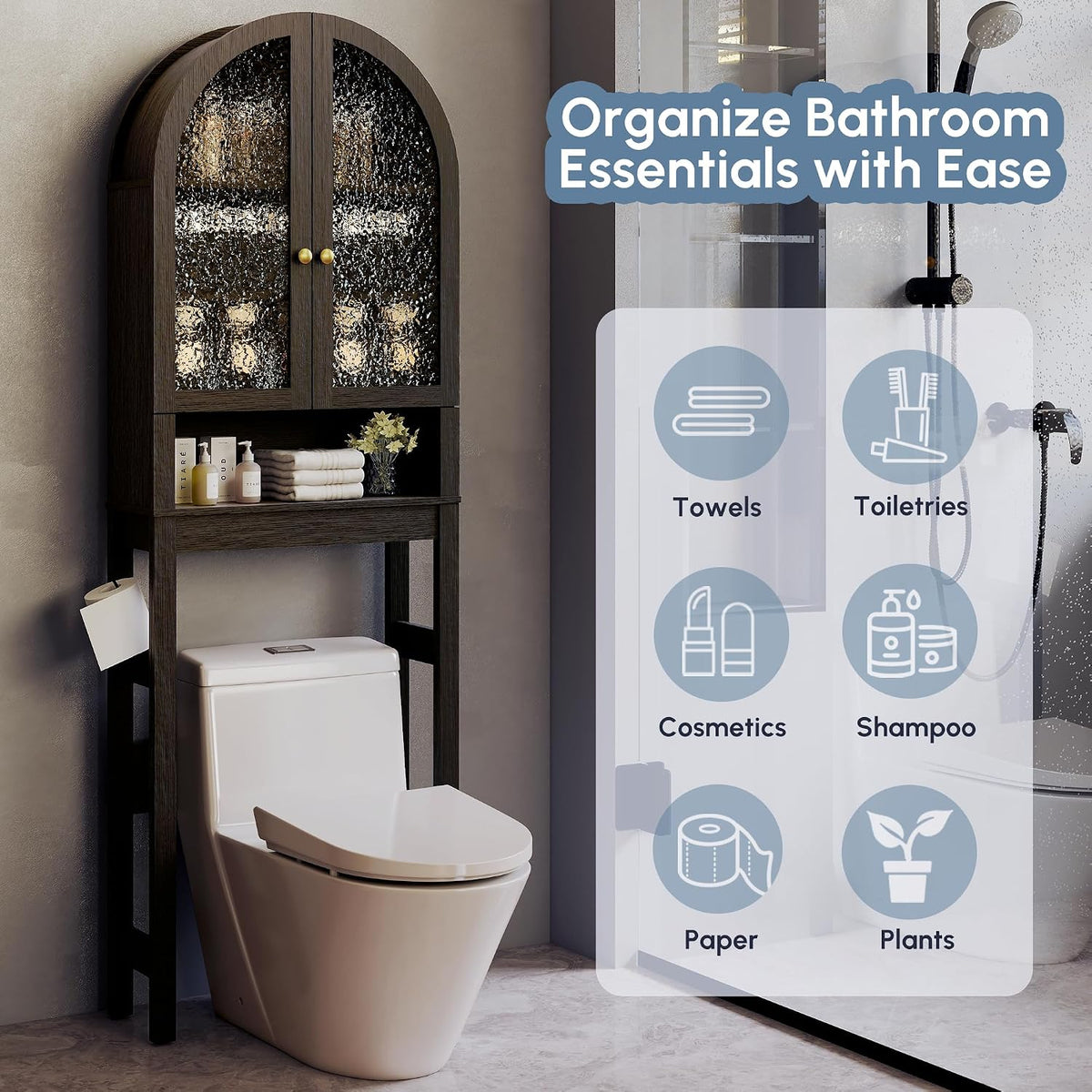 HMstone Over The Toilet Storage Cabinet, Arched Bathroom Organizer and Storage with Acrylic Doors and Adjustable Shelf, Space Saver Freestanding Bathroom Modern Storage Cabinet Over Toilet Dark Brown