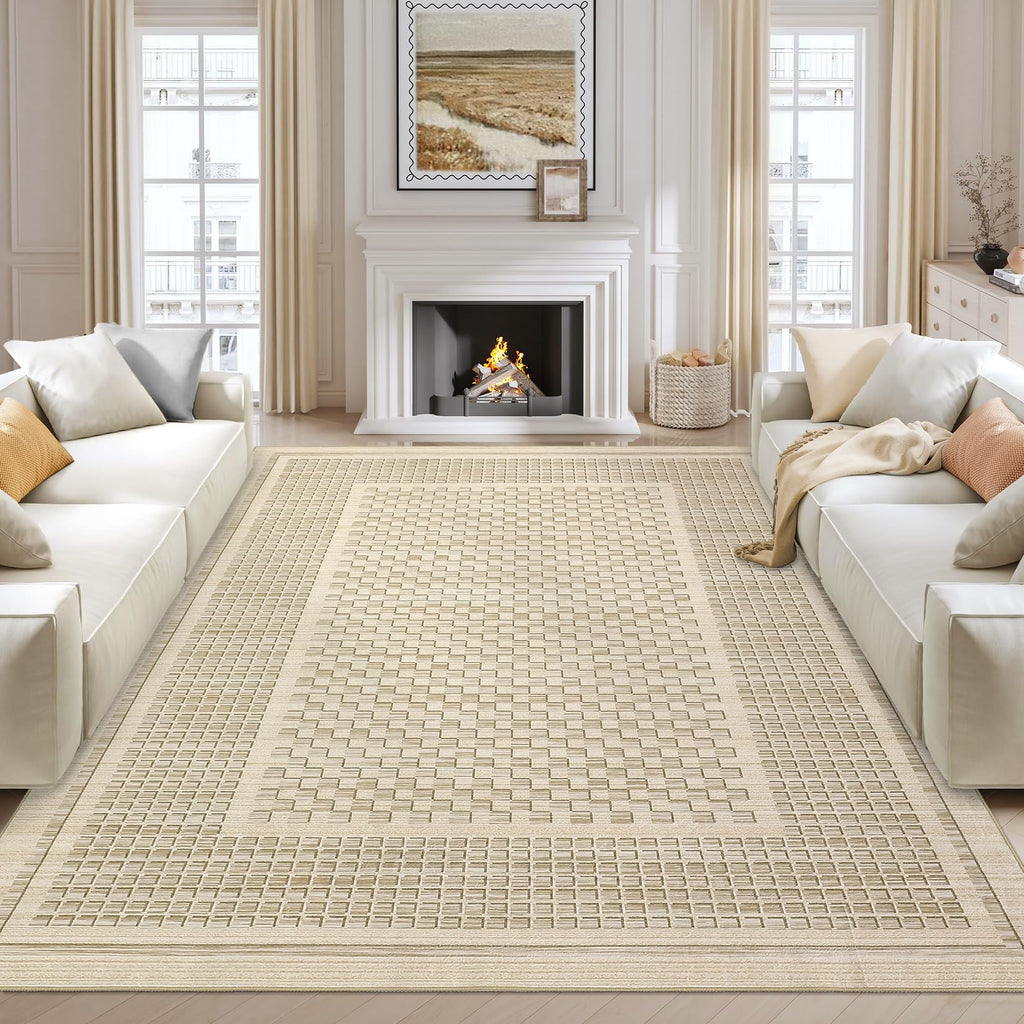 Modern Washable 8x10 Area Rug - Soft, Non-Slip, Stain Resistant, Farmhouse Tartan Plaid for Living Room, Bedroom, Nursery, Office - Beige