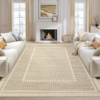 Modern Washable 8x10 Area Rug - Soft, Non-Slip, Stain Resistant, Farmhouse Tartan Plaid for Living Room, Bedroom, Nursery, Office - Beige