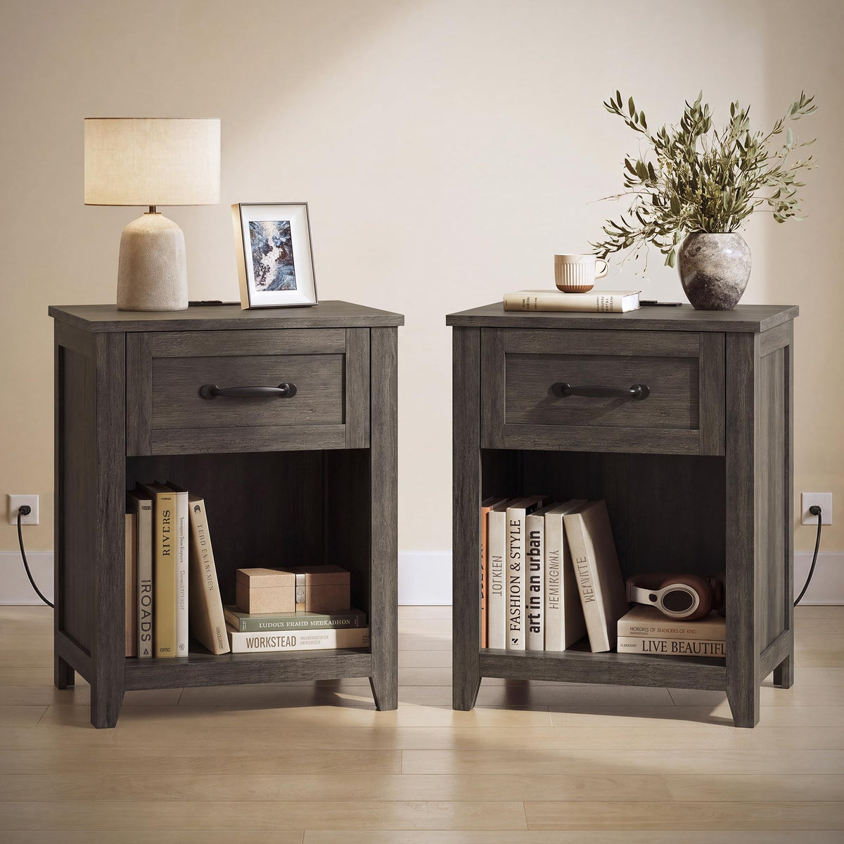 VASAGLE Farmhouse Nightstands with Charging Station, 1 Drawer, Set of 2