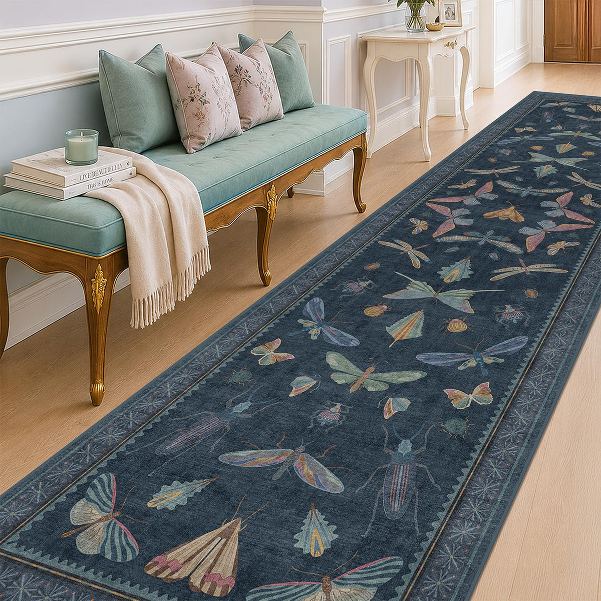 Hazo Haus Dark Green Insect Area Rugs 8x10 for Living Room, Dining Room Under Table, Bedroom, Unique Washable Floral Non Slip Low Pile Soft Rug