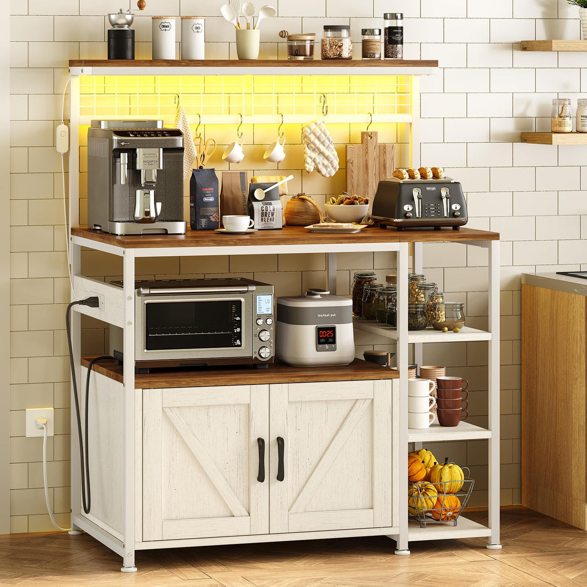 TVU Bakers Rack with Power Outlet and LED Light, Microwave Stand with Storage Cabinet, Coffee Bar Cabinet Station with 6 Hooks for Kitchen, Dining Room, Living Room, Coffee Bar, Rustic Brown, Black