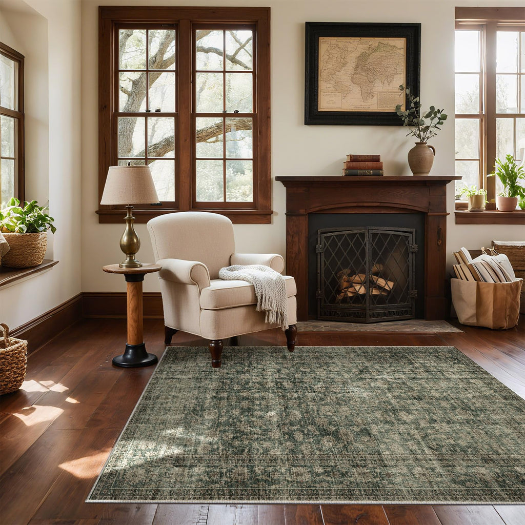 Washable Area Rugs for Living Room: 9x12 Bedroom Rug Boho Vintage Area Rug Stain Resistant Non Slip Low Pile Lightweight Soft Carpets for Dining Room Kitchen Nursery Kids Room Playroom Home Office