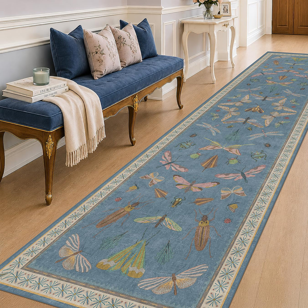 Hazo Haus Dark Green Insect Area Rugs 8x10 for Living Room, Dining Room Under Table, Bedroom, Unique Washable Floral Non Slip Low Pile Soft Rug