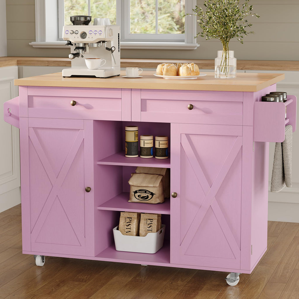 HLR Farmhouse Kitchen Island On Wheels, Teal Green
