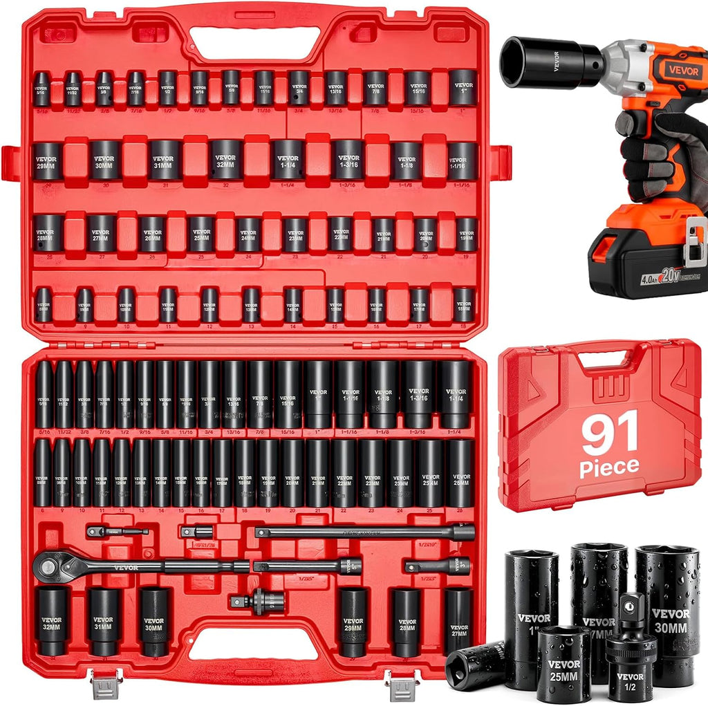 VEVOR 91-Piece 1/2" Drive Impact Socket Set, Deep & Shallow Kit