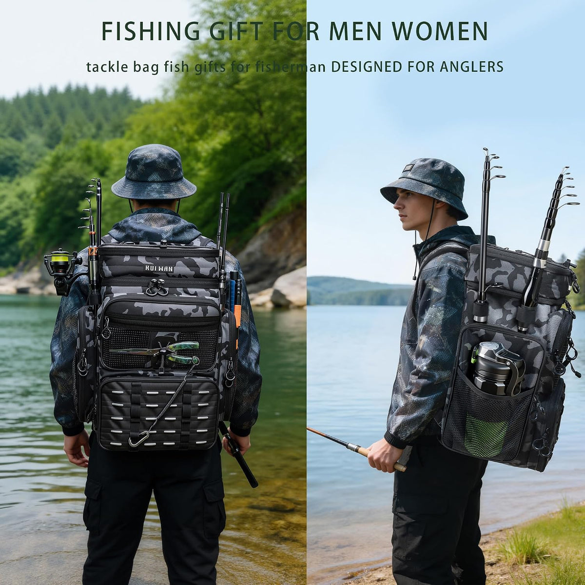 Fishing Backpack with Cooler & 4 Rod Holder, Large 45L Tackle Bag Store Fishing Gear Boxes Gifts for Men Woman-Camo Back Pack