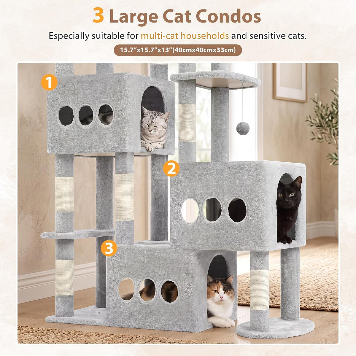 Gitelsnour Sturdy Cat Tree Tower, 3 XXL Condos for Large Adult Cats GCT036W