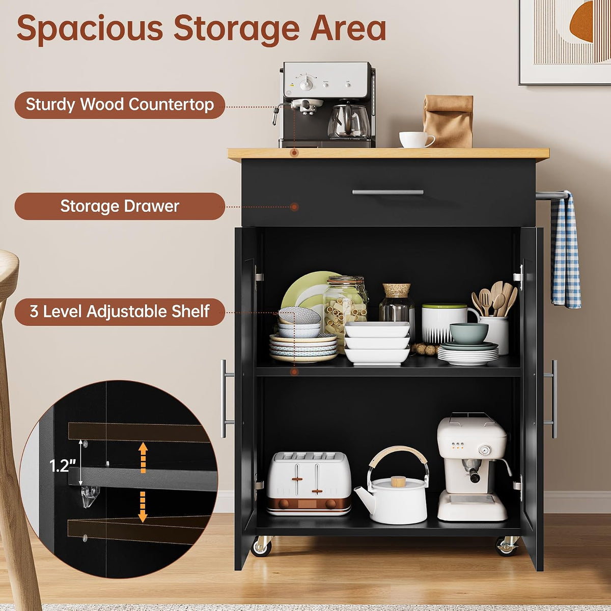 OtterOasis Mobile Kitchen Island on Wheels, Large Drawer, Black