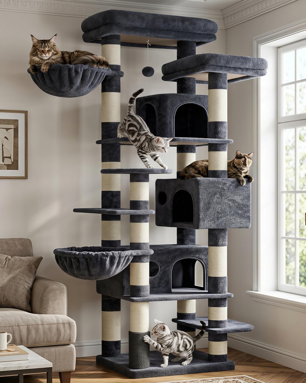 Hey-brother Cat Tree, Multi-Level Tower with 3 Condos, Hairbrush, MPJ035-MG