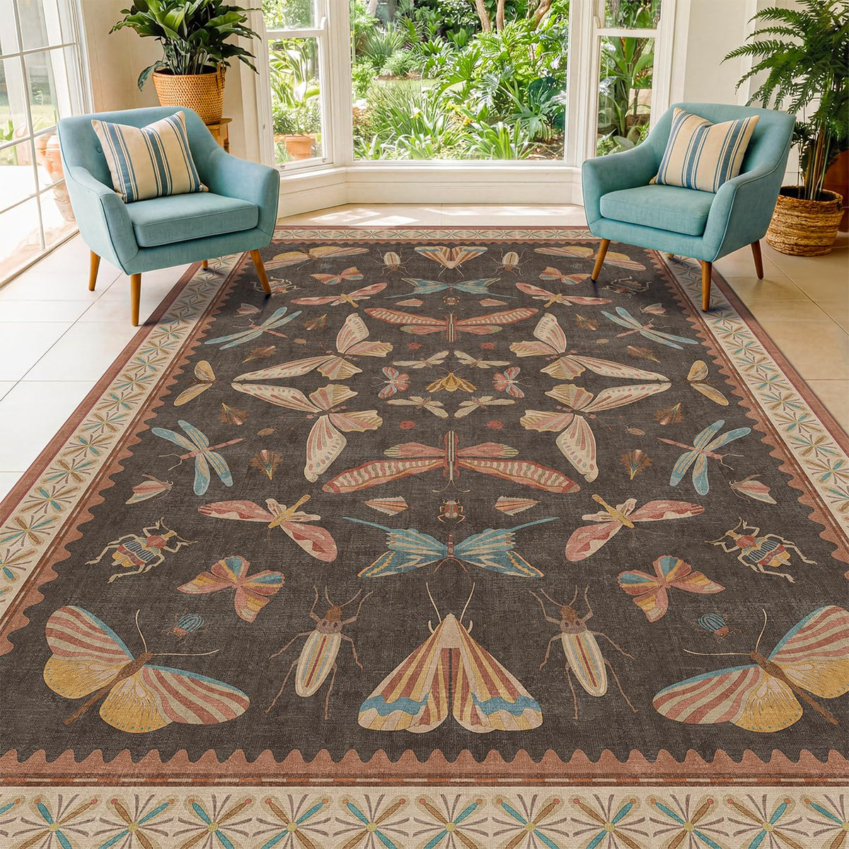 Hazo Haus Dark Green Insect Area Rugs 8x10 for Living Room, Dining Room Under Table, Bedroom, Unique Washable Floral Non Slip Low Pile Soft Rug