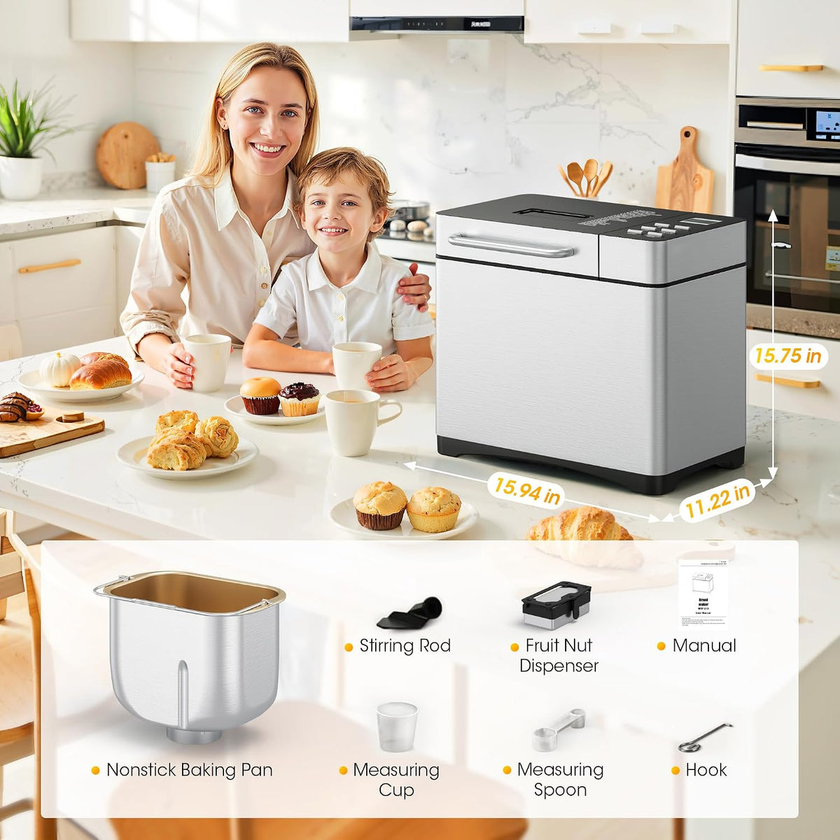 Manastin 19-in-1 Bread Maker, 2LB Bread Machine with Fruit and Nut Dispenser, Stainless Steel Housing, Nonstick Baking Pan, 2 Pound Bread Maker Machine, Ideal Kitchen Gift for Home Bakers