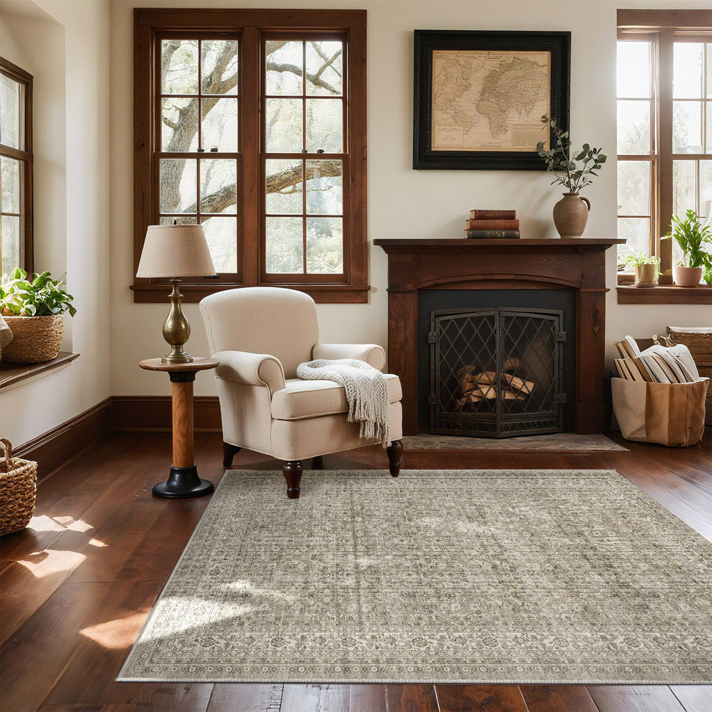 Washable Area Rugs for Living Room: 9x12 Bedroom Rug Boho Vintage Area Rug Stain Resistant Non Slip Low Pile Lightweight Soft Carpets for Dining Room Kitchen Nursery Kids Room Playroom Home Office