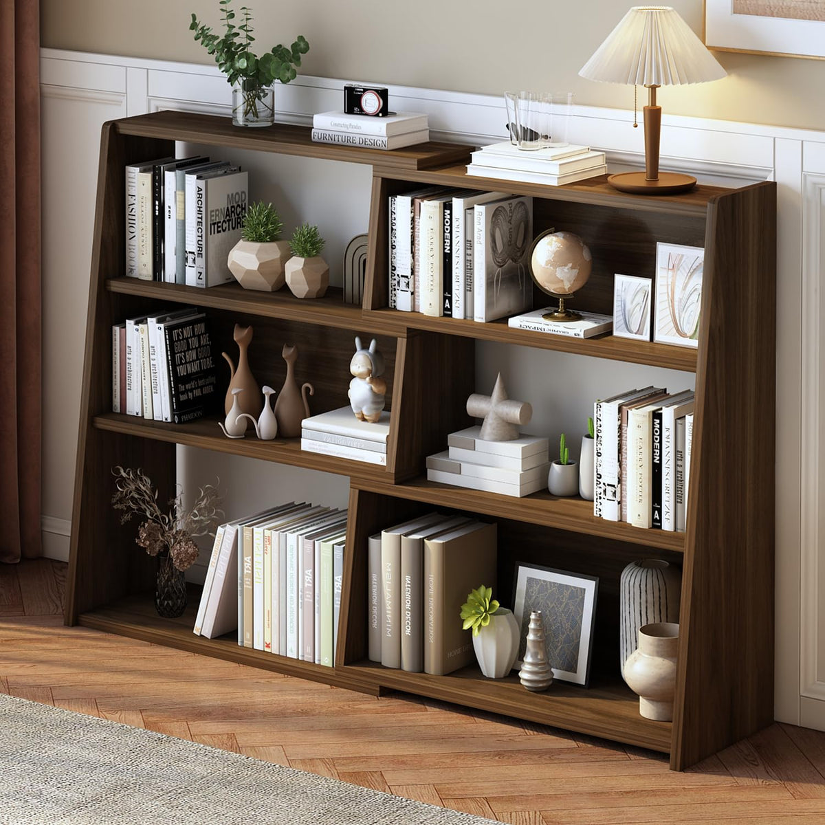 IOTXY Wooden Extendable Shelf Bookcase, 3-Tier Low Bookshelf, Walnut, S
