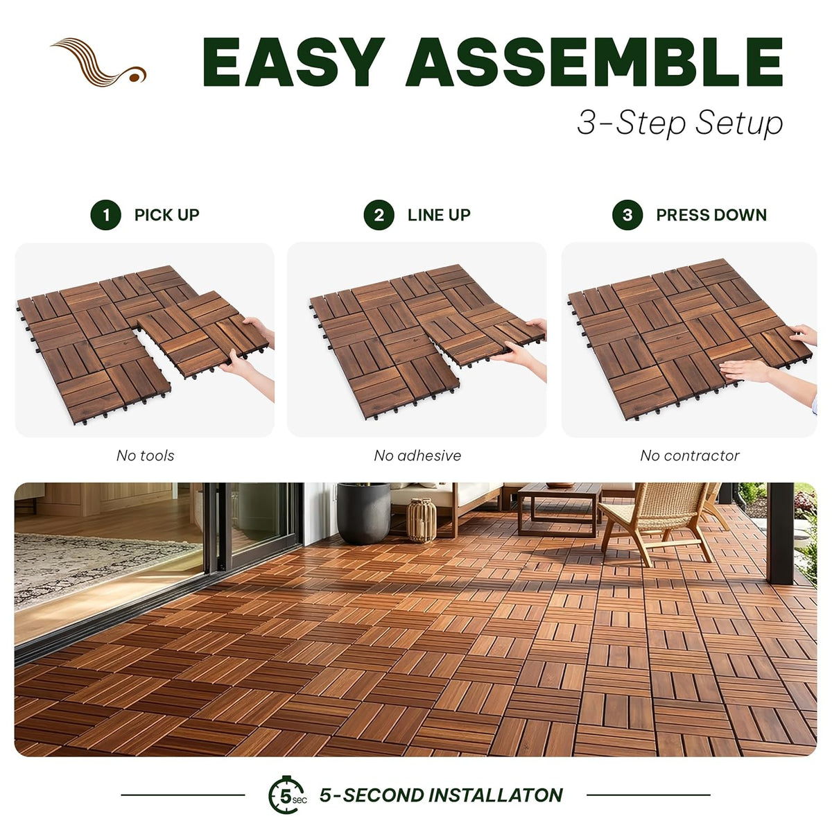 Acacia Interlocking Deck Tiles, 27 PCS Wood Flooring, 12 Slats, Walnut