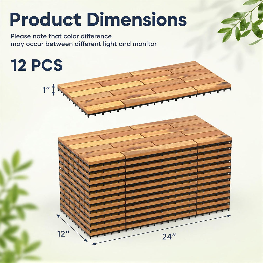 Goplus 12-Pack Acacia Wood Interlocking Deck Tiles (12 PCS,Brick)