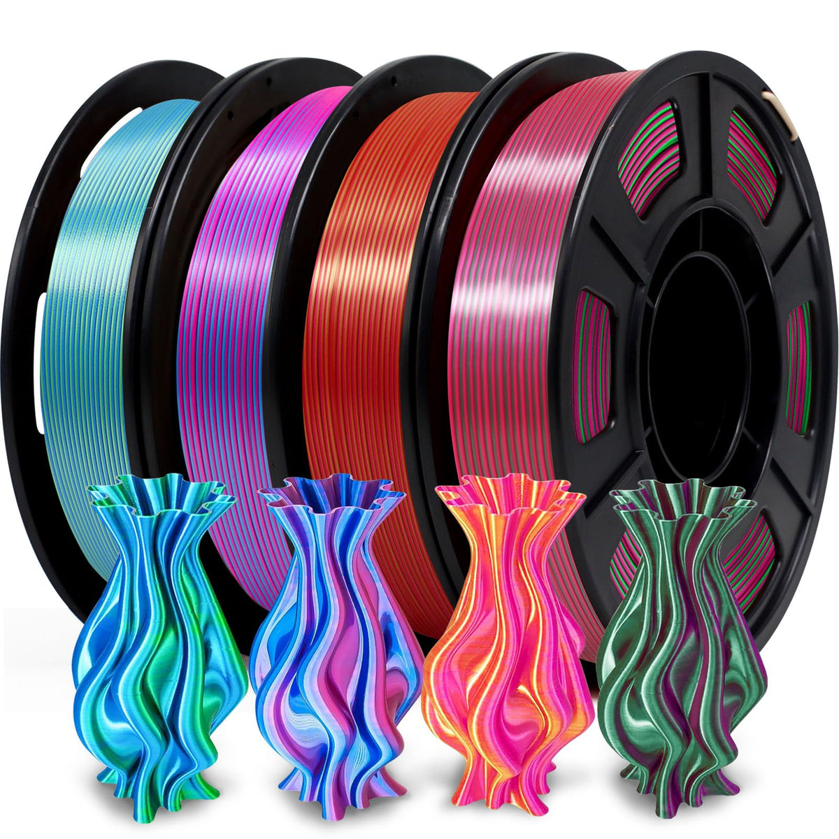 YOUSU 3D Printer Filament Silk PLA Filament Rainbow Color,1.75mm Tri Color PLA Filament 6kg Pack,1kg Spool.