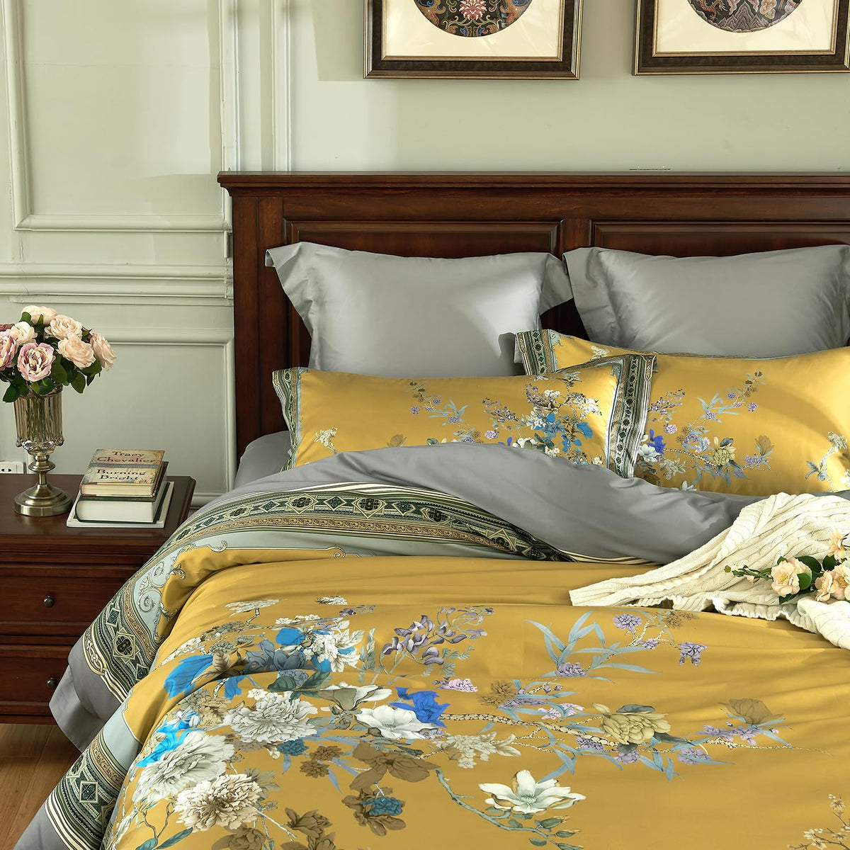 mixinni Garden Style Cotton Flowers and Birds Pattern Printed Duvet Cover Reversible Design Peacock Blue 3 Piece Bedding Duvet Set with Zipper Closure, Perfect for Him and Her-Queen Size
