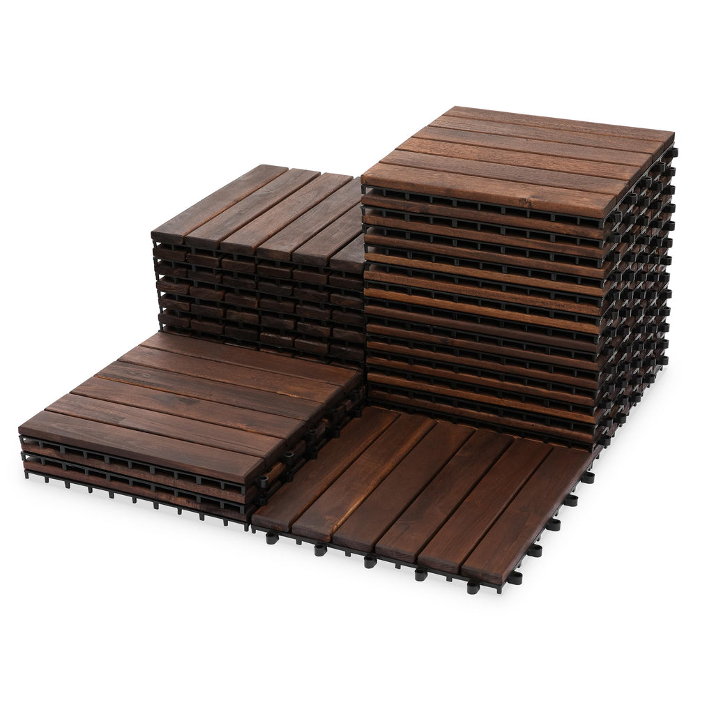 Acacia Interlocking Deck Tiles, 27 PCS Wood Flooring, 12 Slats, Walnut