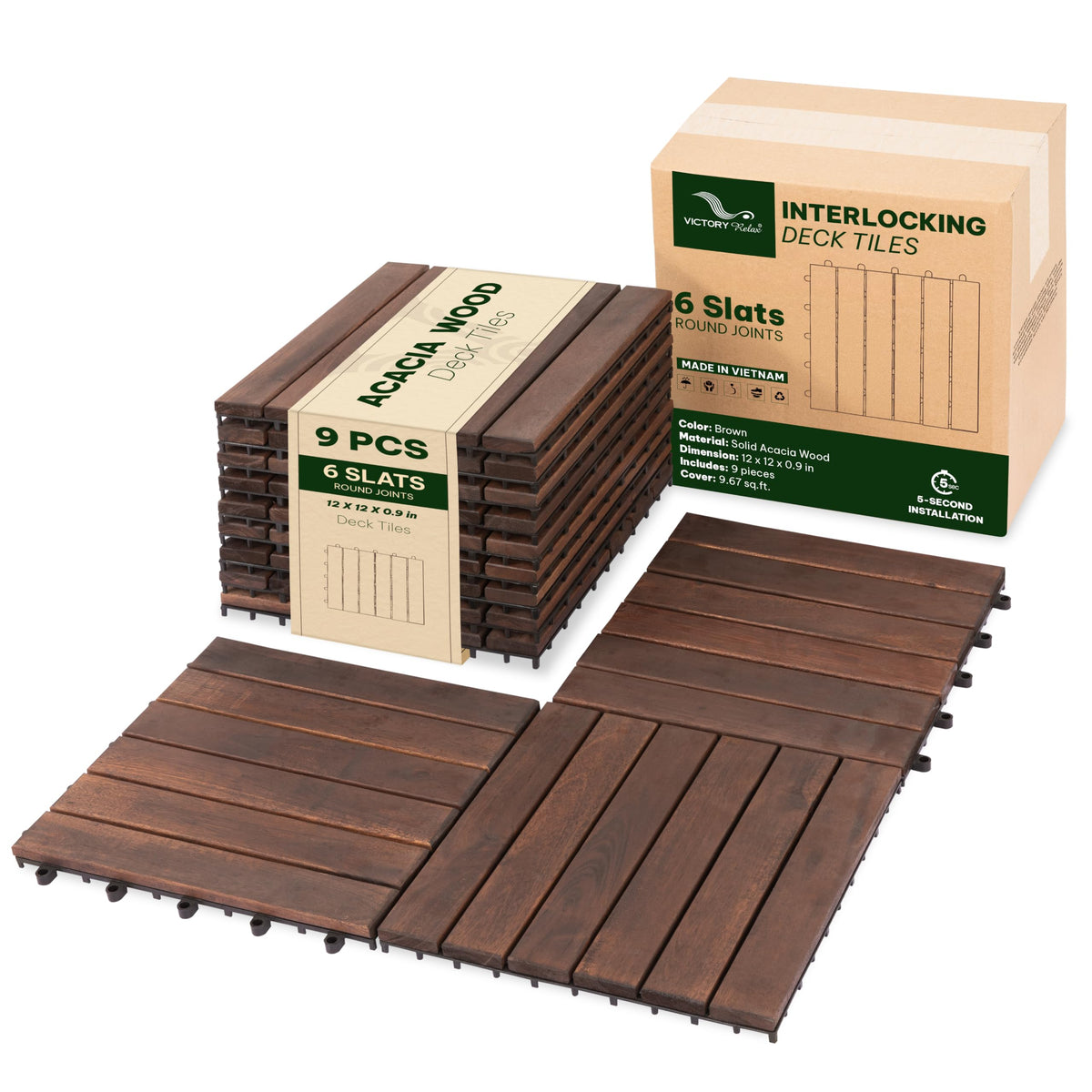 VICTORY RELAX Natural Acacia 12x12 Interlocking Wood Deck Tiles for Balcony, Garden, Patio, Poolside Decor - Waterproof Indoor & Outdoor Flooring - 12 Slats, Round Joints, Pack of 27, Natural Color