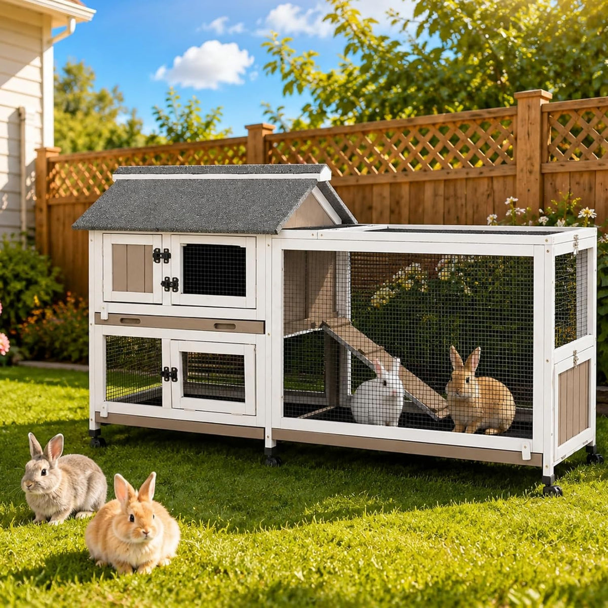2-Story Rabbit Hutch Indoor & Outdoor, Large Bunny Hutch with 3 Pull-Out Trays, 6 Lockable Wheels, Wooden Rabbit Cage with Asphalt Roof & 6 Accesses for 2-4 Rabbits, Backyard, Home, Patio