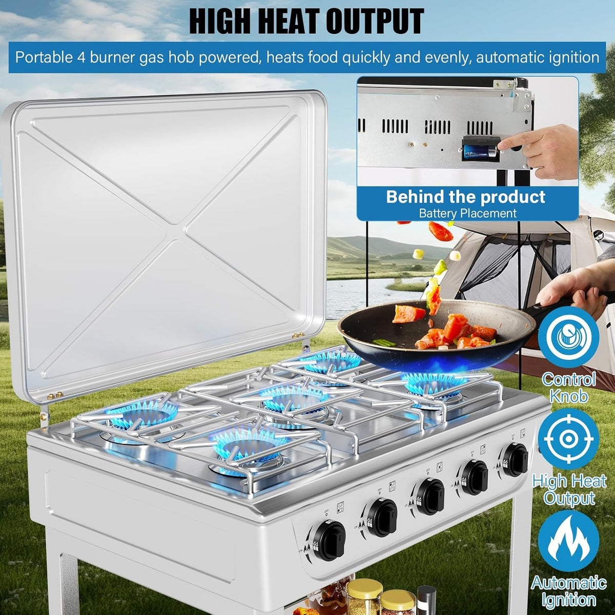 Propane Gas Stove,5 Burner Propane Burner,Auto Ignition Camping Stove with Support Leg Stand and Wind Blocking Cover Adapter, Portable Gas Stove for RV, Apartment, Outdoor Cooking