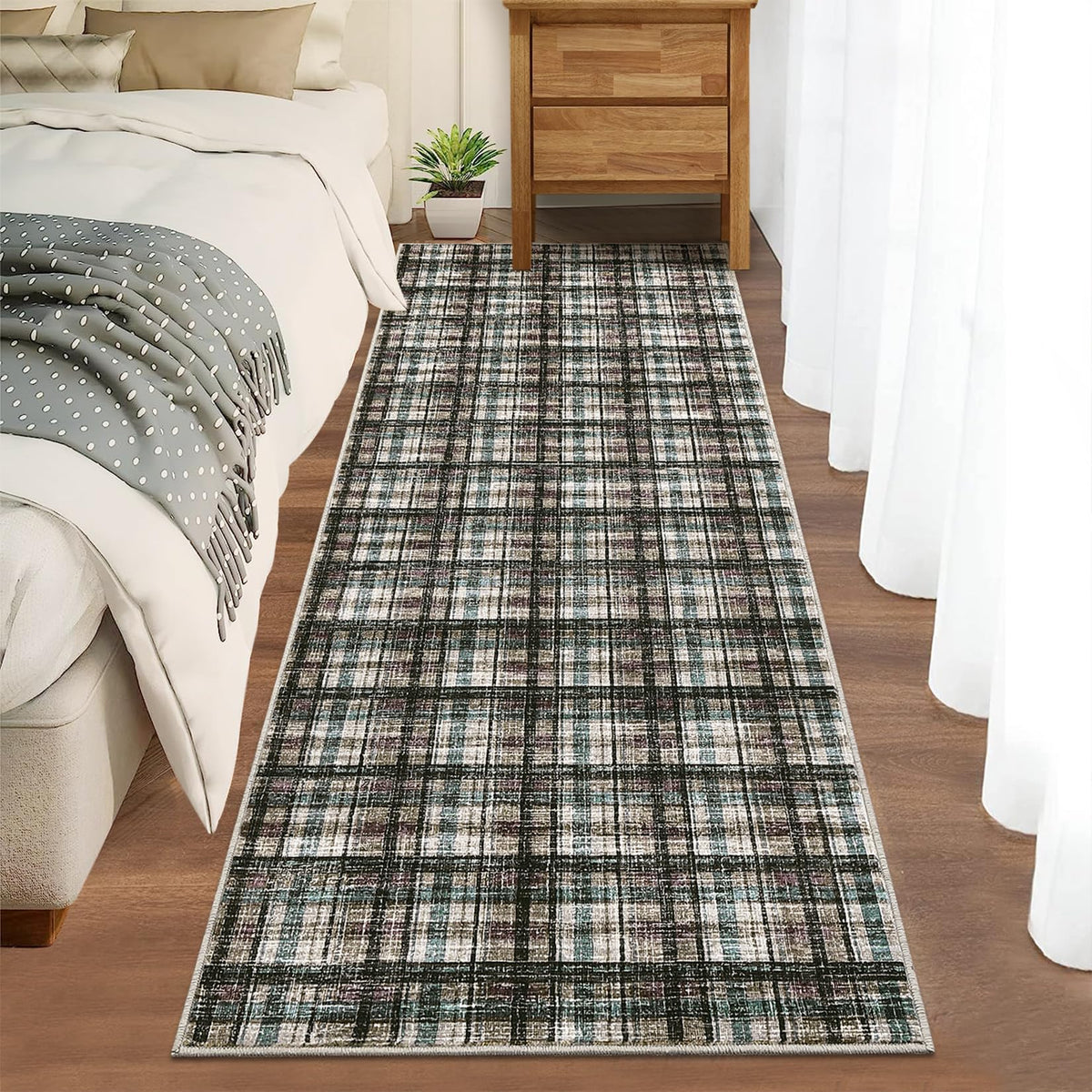 Modern Washable 8x10 Area Rug - Soft, Non-Slip, Stain Resistant, Farmhouse Tartan Plaid for Living Room, Bedroom, Nursery, Office - Beige