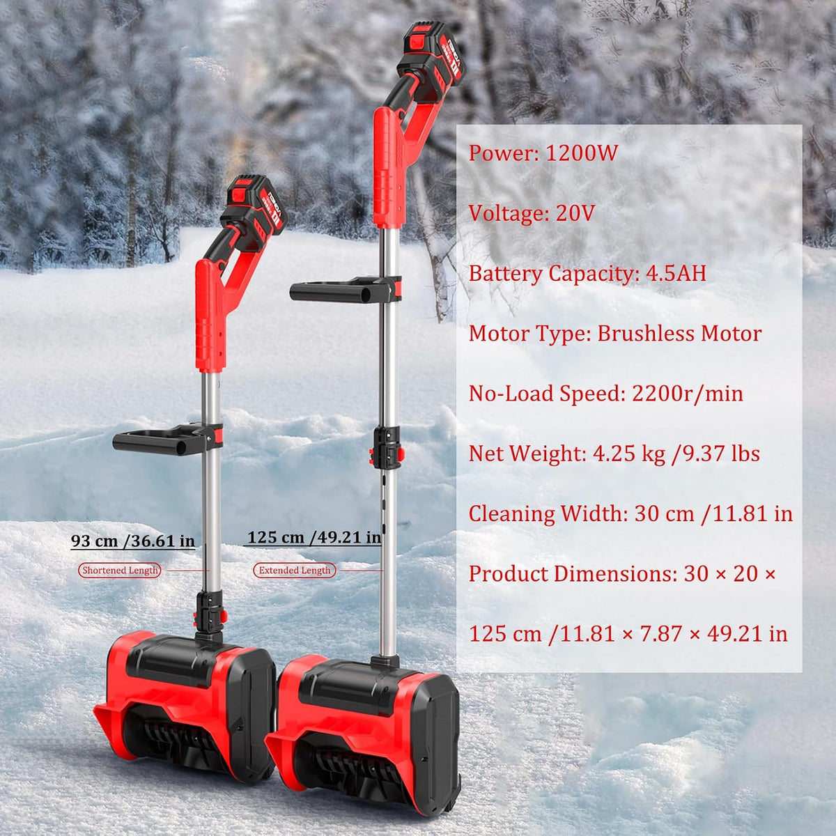 Cordless Snow Blower, Adjustable Handle for Easy Storage, Portable Brushless Electric Winter Snow Thrower - Cleaning Width 30cm/11.8in, for Deck,Steps,Patio,Driveway & Sidewalk red 1 Batteries