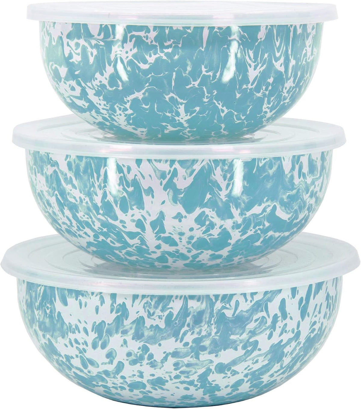 Golden Rabbit Enamelware Nested Mixing Bowls with Lids, Set of 3, Sea Glass