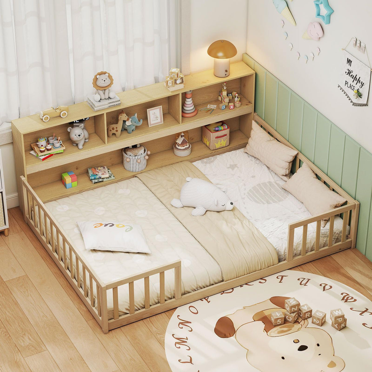 GIANTEX Full Size Floor Bed for Kids, Low Montessori Bed with Wood Slats & Safety Guardrails, Solid Wood Full Floor Beds with Fence and Door for Kids Boys Girls, White