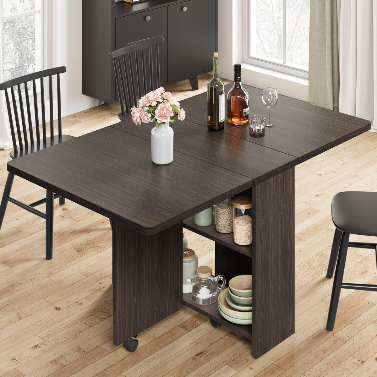 IDEALHOUSE FoldingTable, Drop Leaf Dining Table with 6 Wheels and 2-Layer Storage Shelf, Space Saving Table for Small Spaces (Dark Walnut, 50.1" D x 31.4" W x 29.5" H)