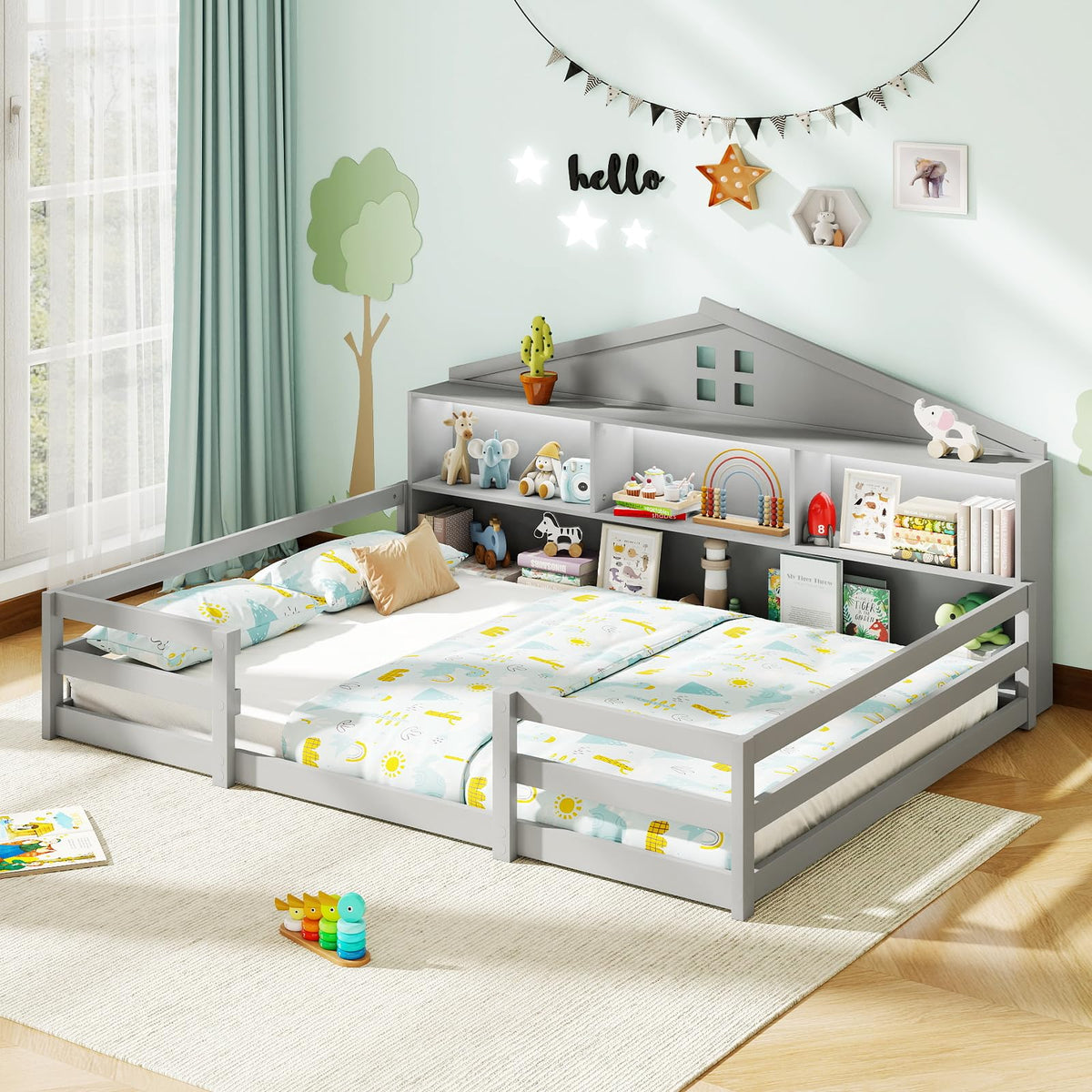 GIANTEX Full Size Floor Bed for Kids, Wooden Montessori Bed Frame with Bookcase, Storage Shelves & Safety Fence Rails, Floor Beds Full for Girls, Boys, No Box Spring Needed, Without Slats, Natural