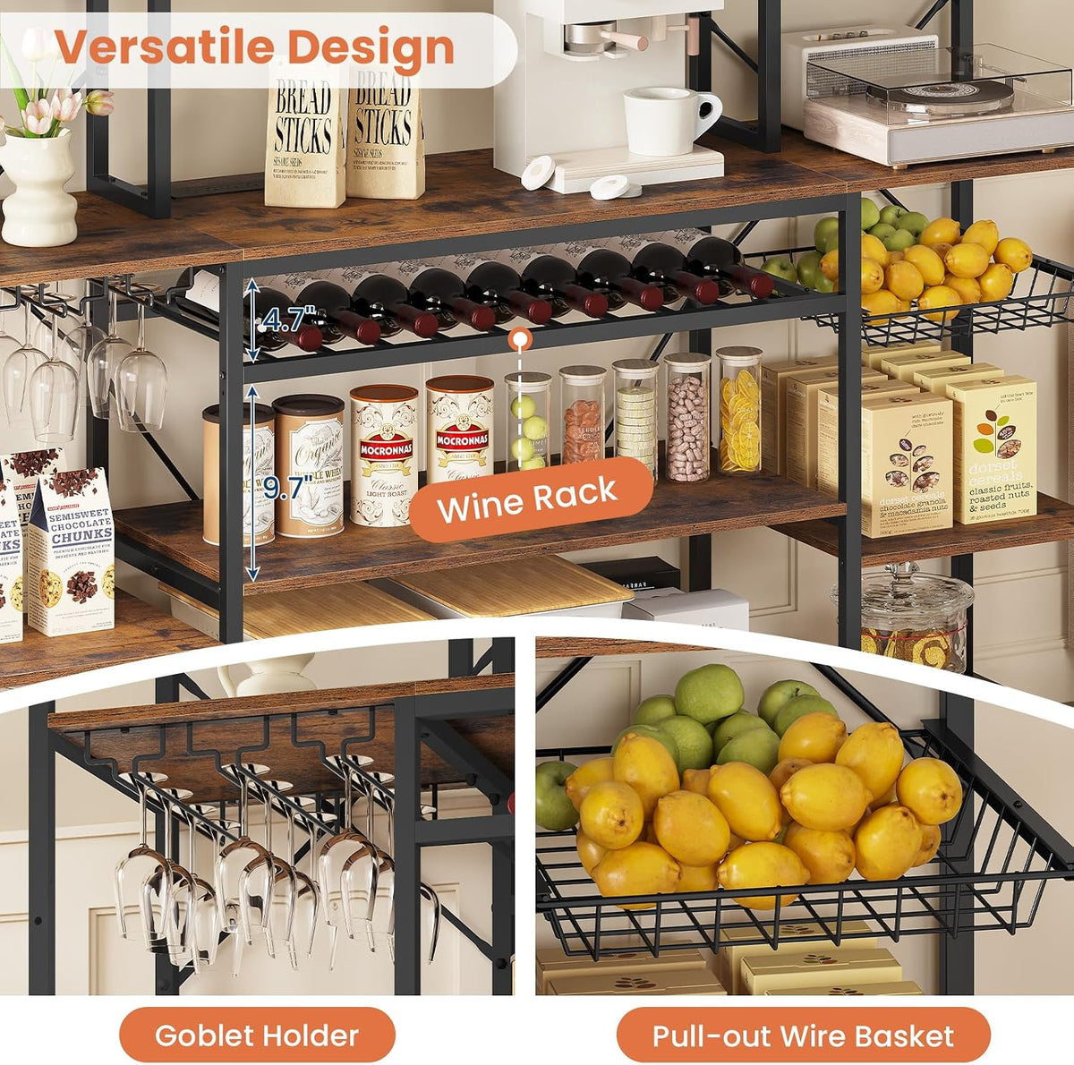 UPOSOJA 62.4in Large Bakers Rack with Power Outlet, 5-Tier Coffee Bar