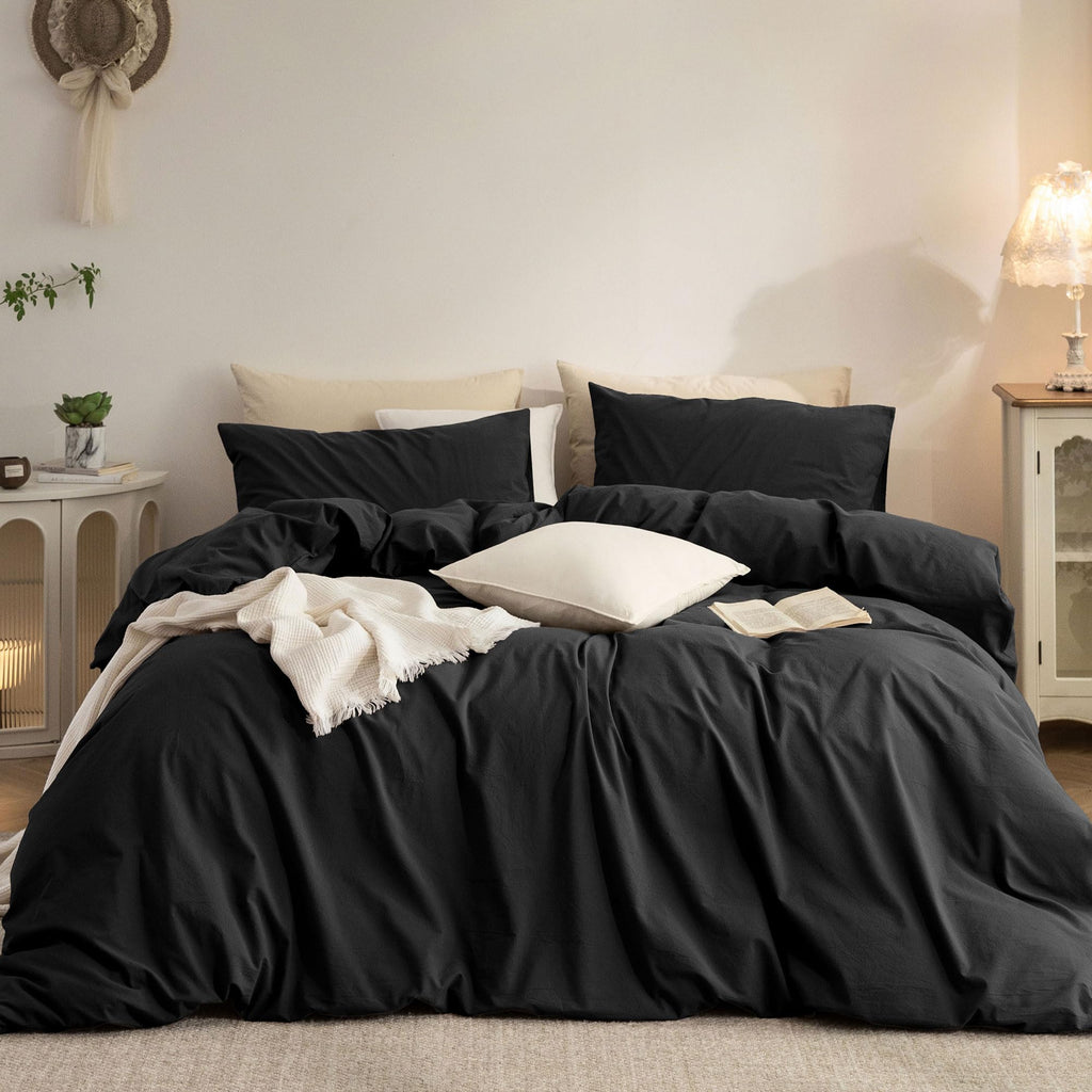 Duvet Cover Set Washed Cotton Embroidered Hem King 3‑Pcs