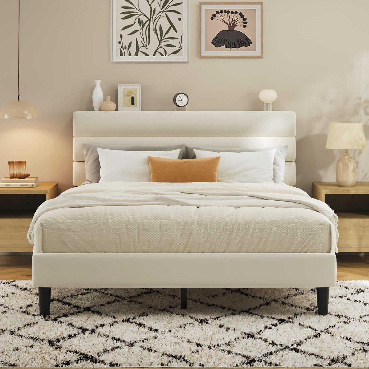 Fluest Queen Bed Frame, Platform Bed Frame with Velvet Upholstered Headboard, No Box Spring Needed, Sturdy Metal Support, Noise Free, Easy Assembly, Modern Bedroom Furniture, Beige